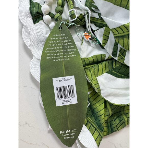 NEW! Farm Rio Palm Fan Midi Dress XL White Green Tropical Cotton Beaded Straps - Picture 6 of 12
